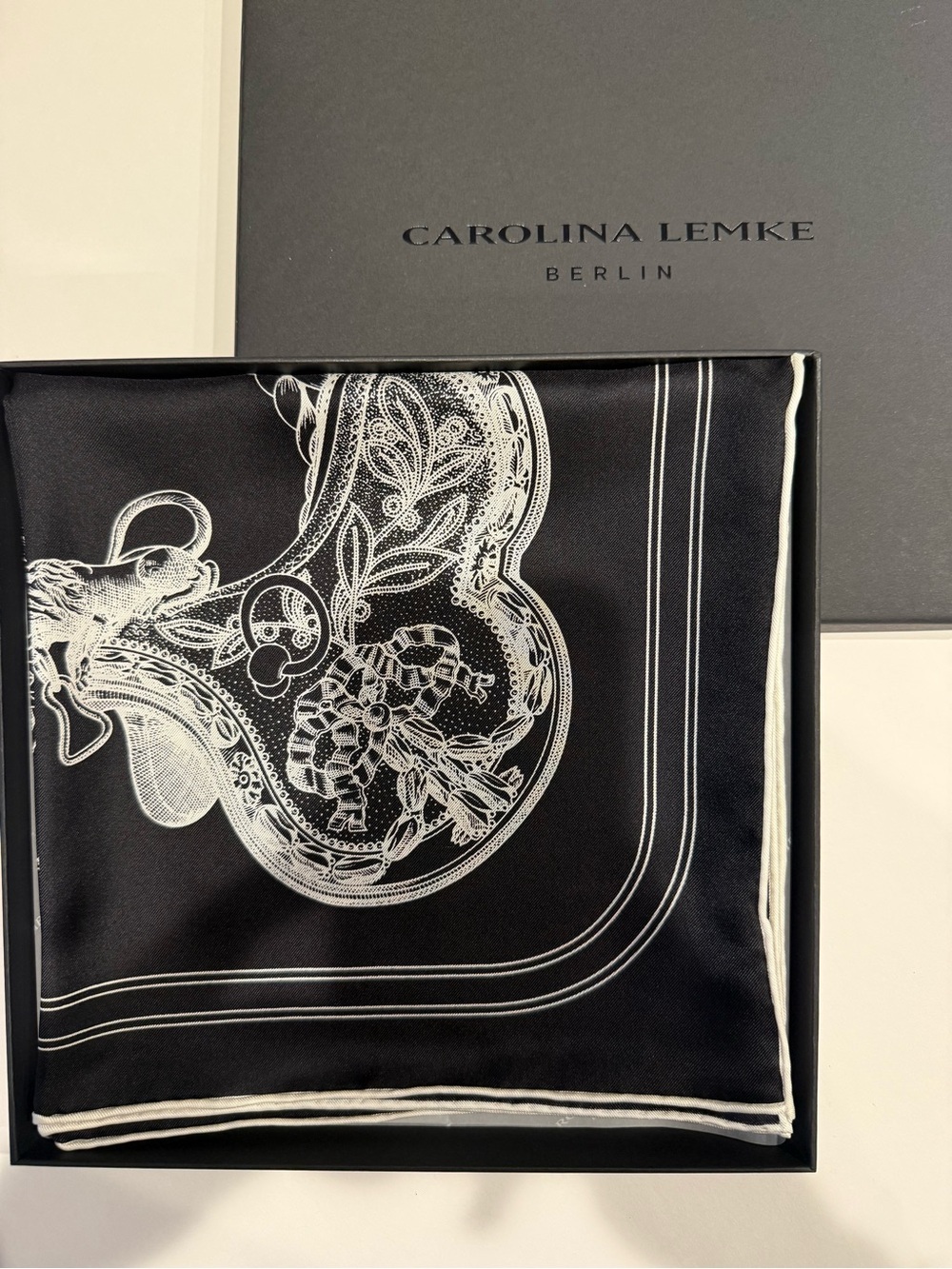 NEW Carolina Lemke Black & White Equestrian Silk Scarf Hand Rolled Edges #37 - Picture 3 of 10